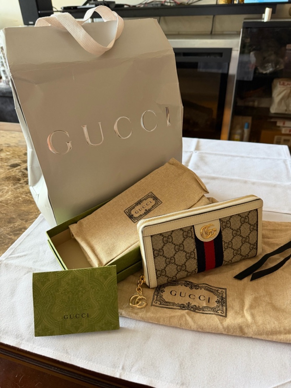 Gucci Beige GG Supreme Zip-Around Wallet with Red & Navy Web Stripe